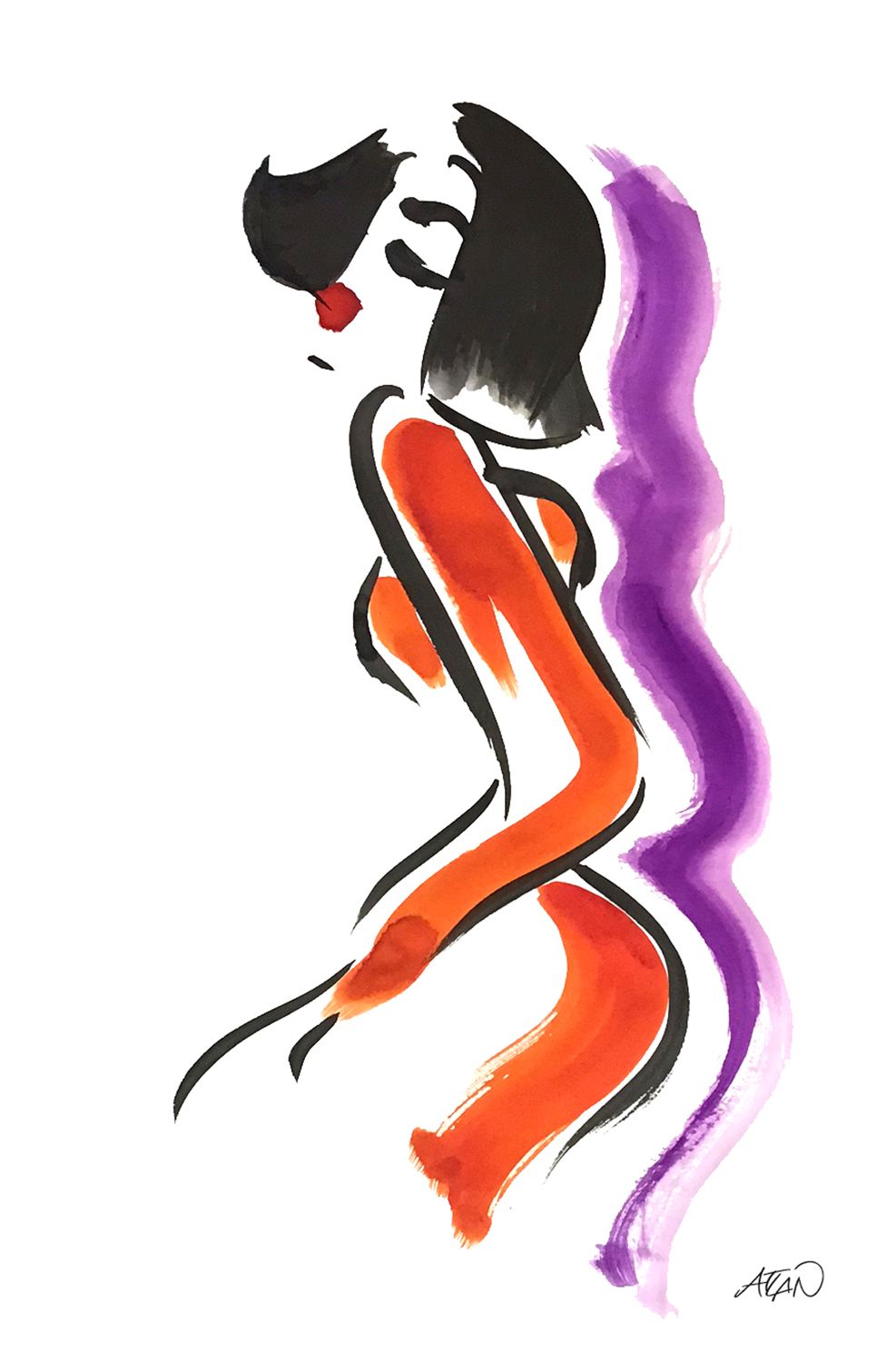 FEMME EN ORANGE ET VIOLET